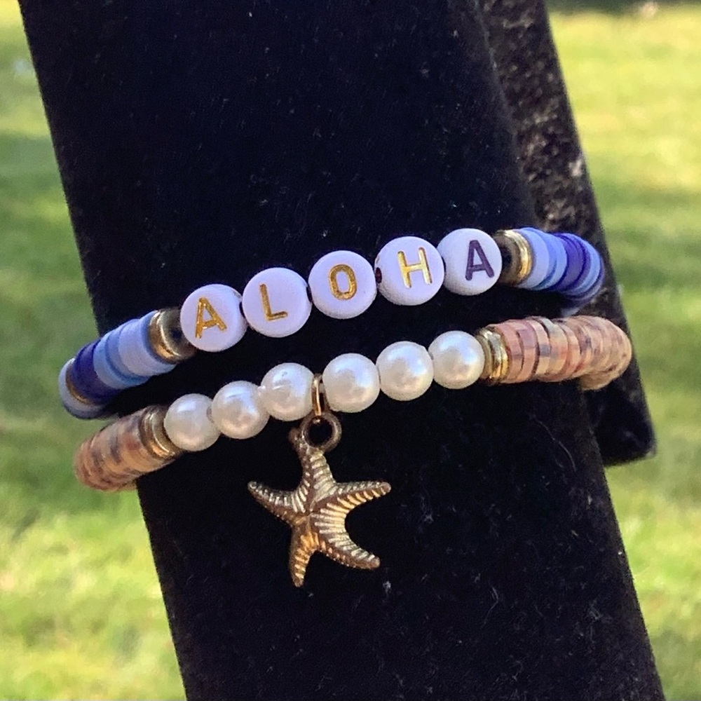 Clay bead bracelets - Stretchy - brown and blue mixed bracelets - cute for beach